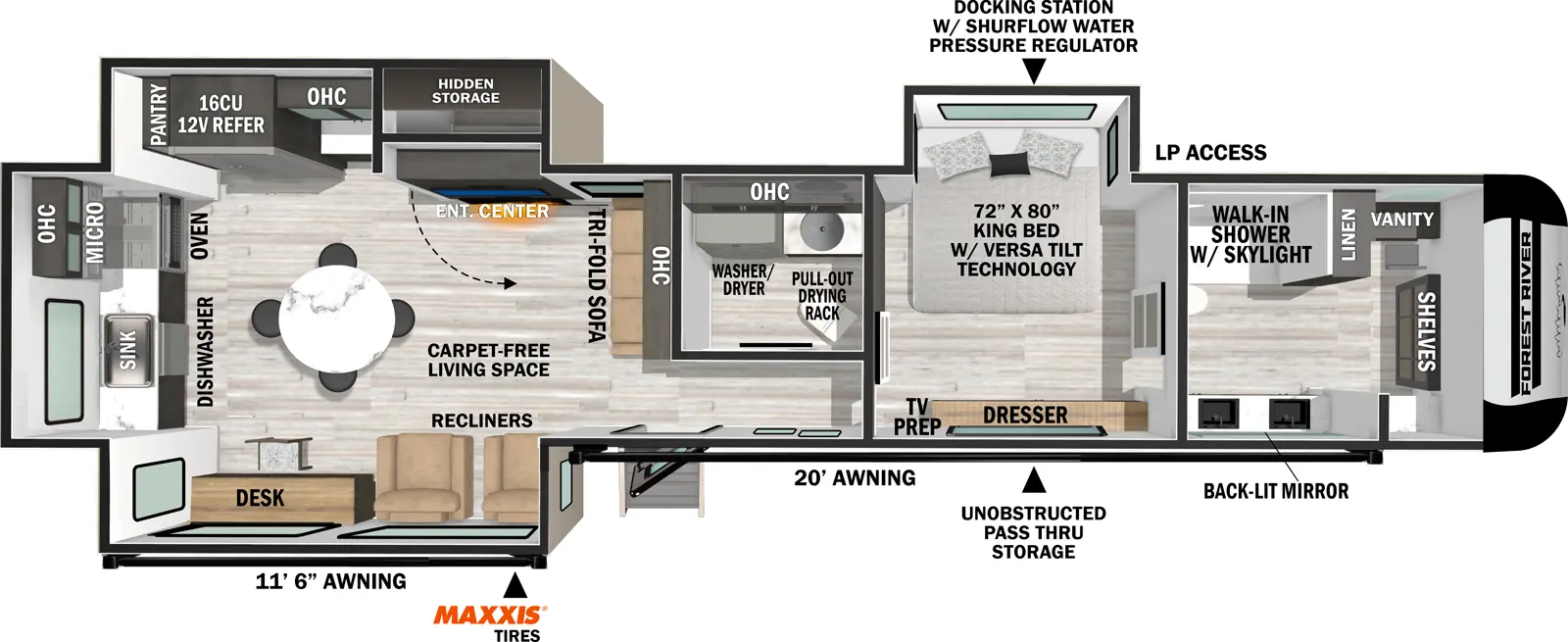 The Impression 360MYR has one entry and three slide outs. Exterior features include: fiberglass exterior and 11'6" & 20' awning. Interiors features include: rear kitchen.